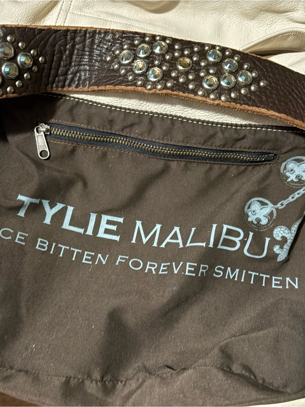 Tylie Malibu Women's Cream Leather Hobo Bag with Embellished Brown Strap